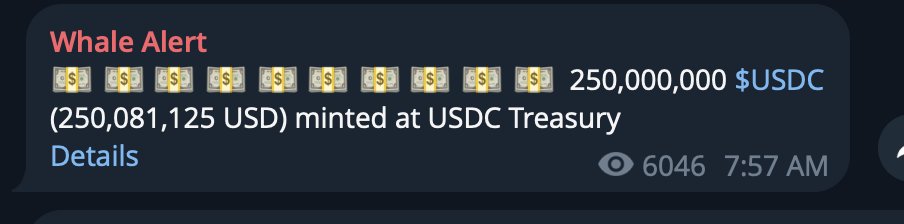 The image features a screenshot of a message alert for $500,000 USDC. The alert shows that there are many coins being minted at the USDC Treasury. Liquidity is another term associated with Bitcoin which can be inferred from this context. This information is useful in understanding how transactions and wallets work on the cryptocurrency network, specifically when dealing with large amounts of money or currency.