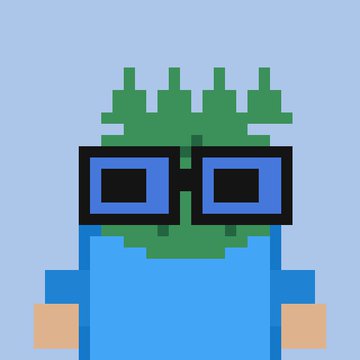 Pixel art character with green hair, blue sunglasses, and a light blue shirt against a pale blue background.