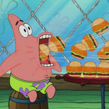 An animated scene showing Patrick Star from SpongeBob SquarePants sitting on a wooden barrel and excitedly eating multiple Krabby Patties at a table.
