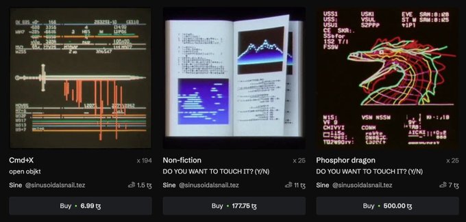An NFT marketplace listing from @sinusoidalsnail.tez showing three items: 'Cmd+X' (sword open objkt, 6.99 tz), 'Non-fiction' (DO YOU WANT TO TOUCH IT? Y/N, 177.76 tz), and 'Phosphor dragon' (neon dragon, 500.00 tz).