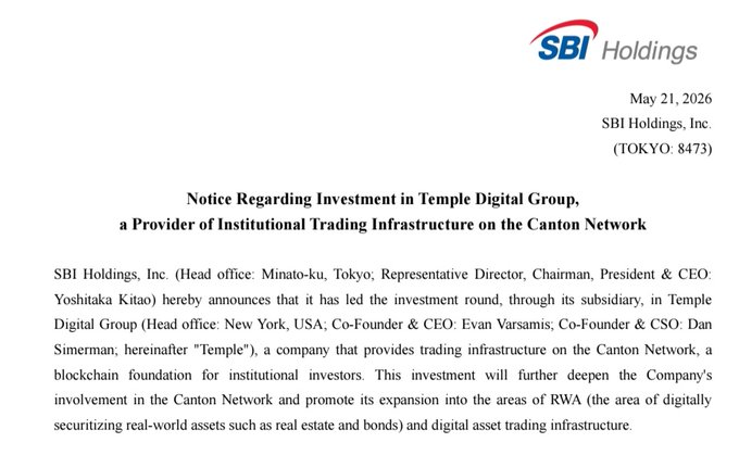 The image shows a white piece of paper that contains information about a partnership between SBI Holdings and the Canton Network. The text on the paper highlights the importance of this partnership, stating that "Long term Ripple partner and major investor SBI holdings continues to expand its RWA connections with the Canton Network after leading a recent investment round: $CC". This indicates that SBI is actively investing in the digital currency market through the Canton Network.