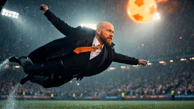 The image features a man dressed in a suit, wearing an orange tie, flying through the air while holding a soccer ball. The scene takes place at a stadium with a crowd of people watching from various positions around the field. The caption suggests that all bears will pay for this event and is related to the movie "All Bears Will Pay".