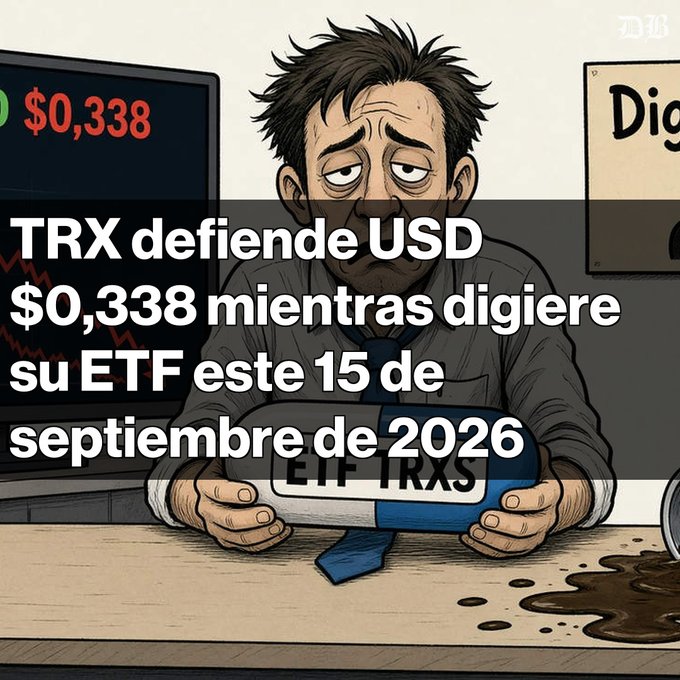A tired-looking cartoon man in a suit and loosened tie rests his head on his arms on a desk, holding an "ETF TRXS" name tag, with a screen showing "$0,338" and a partial "Dig" sign in the background. The Spanish overlay reads "TRX defiende USD $0,338 mientras digiere su ETF este 15 de septiembre de 2026," visually echoing the post's theme of TRON's price holding at $0.338 as it digests the TRXS ETF decision.