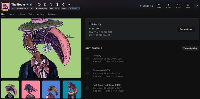 The image features an online gallery showcasing various paintings of birds, including a bird with a hat on its head. The gallery has a black background that contrasts with the colorful artwork displayed. There are multiple images of birds throughout the gallery, each with different styles and colors. Some of these bird paintings have hats on them as well.

The post in question is titled "The Beaks" and it appears to be a discussion about the art displayed in the gallery. The image also contains text that reads: "If the floor dips below 0.5 eth right after the mint, I'll know you KOLs are not serious. Everyone out here is speculating on the floor price, and not a single person has mentioned the art. Just kinda shows no one is really interested in the project and art, just here for the".