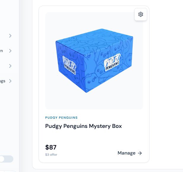 A product page for a 'Pudgy Penguins Mystery Box' priced at $87, with a blue box featuring penguin designs.
