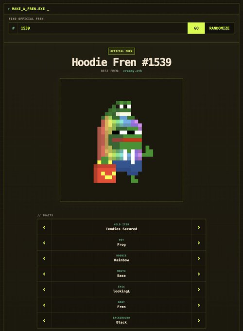 A digital display for a PFP NFT named 'Hoodie Fren #1539', showing a pixel-art green frog wearing a rainbow hoodie and holding a red item, with listed traits including 'Frog', 'Rainbow', 'Base', 'lookingl', 'Fren', and 'Black'.