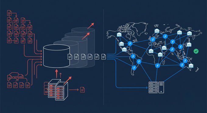 The image illustrates a data pipeline where structured file systems (left) feed into layered storage databases (center), which then distribute data globally across a network of servers and nodes on a world map (right). It visually represents the massive scale of data infrastructure mentioned in the post, showing how datasets like FineWeb's 15 trillion tokens and 44TB are managed and distributed across a global network like Filecoin, which operates at exabyte scale.