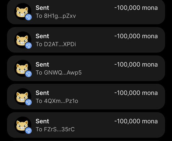 A screenshot of a crypto wallet transaction history showing five consecutive "Sent" transactions of 100,000 mona each to different recipient addresses, seemingly used as proof to support a promotional post offering free $MONA tokens in exchange for engagement (retweets and likes) of a presale promotion.