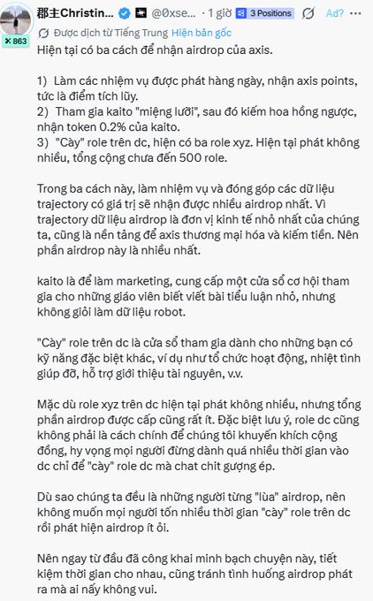 A screenshot of a Vietnamese Twitter post by @0xse... discussing three ways to receive an airdrop from the Axis project.