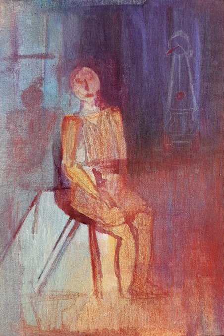 An impressionistic painting depicts a seated figure rendered in warm yellow and orange tones against a moody blue and deep red background with loose, expressive brushstrokes.