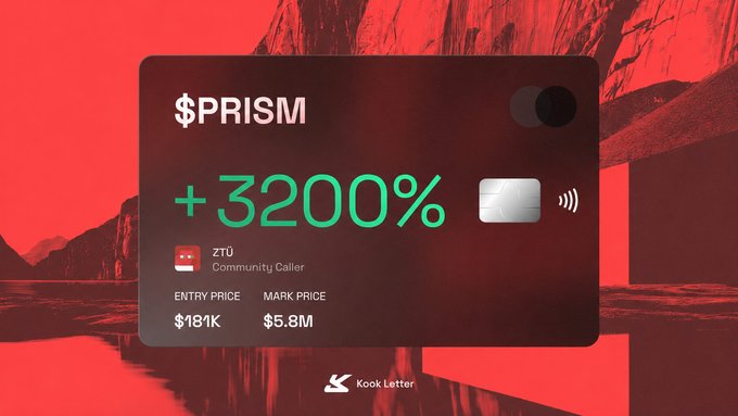In the image, there is a card with the text "PRISM" written on it. The card features some graphics of mountains as well. It seems that someone has posted about this card, and the post says "@ztu@ called PRISM at $181K Mcap @5.8M Mcap want to catch runners even in a bear market? Join the KookLetter".