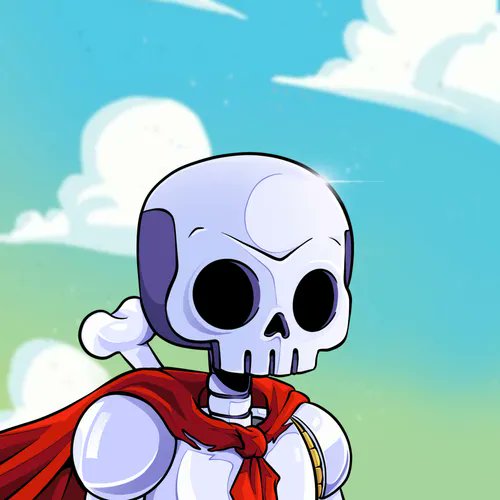 An illustrated skeleton character wearing a red cape and armor stands outdoors against a bright blue sky with clouds.