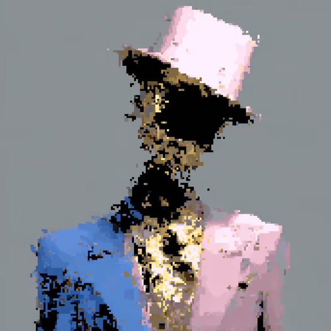 A pixelated, low-resolution image of a person's face and upper torso wearing a pink and blue garment, shown in a deliberately crude art style. The image satirizes the post's criticism by mocking the "art" quality that ARG supporters praise, presenting a deliberately poorly rendered portrait to question their artistic appreciation.