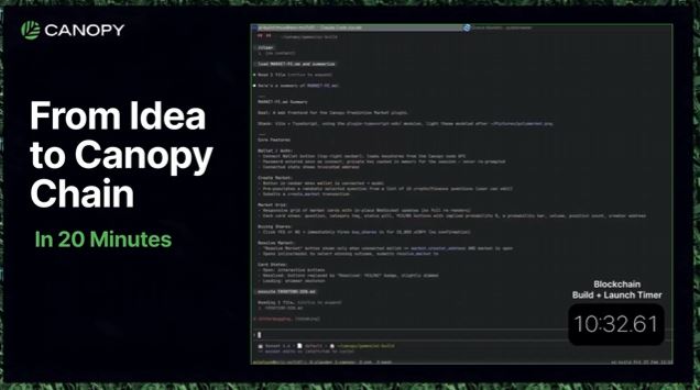 A presentation slide titled 'From Idea to Canopy Chain In 20 Minutes' showing code on the right and a 'Blockchain Build + Launch Timer' at 10:32.61.