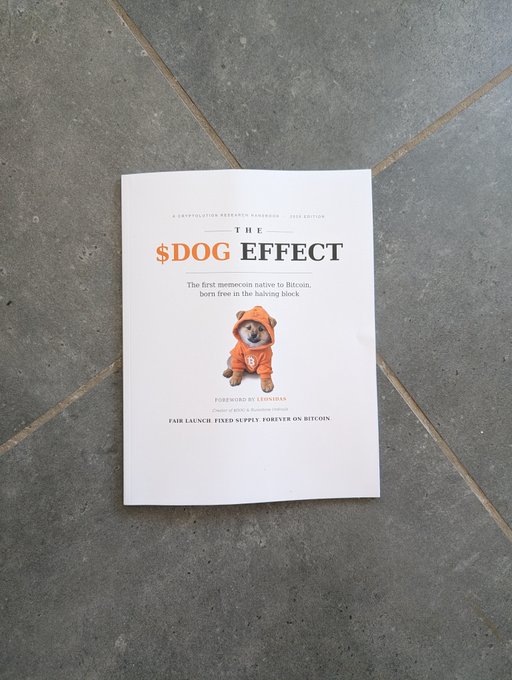A printed magazine-style publication titled "THE $DOG EFFECT" — featuring a Shiba Inu in an orange hoodie and text noting it as "The first memecoin native to Bitcoin, born free in the halving block" — lies on a gray tiled floor, suggesting early physical distribution of the publication. The image visually supports the post's claim that copies are beginning to arrive in mailboxes.