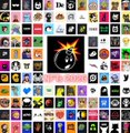 A blurry, pixelated image displaying a dense grid of small icons, letters, and graphics, resembling an icon library or design assets collection.