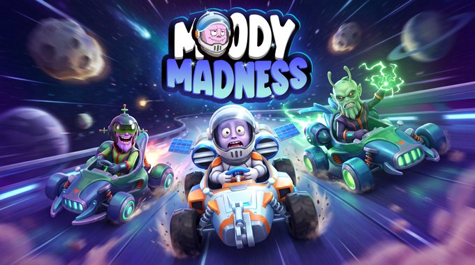 The promotional image features vibrant artwork for "Moody Madness," displaying three cartoon characters—an astronaut, a pink-suited racer, and a green alien—racing futuristic karts through a cosmic, asteroid-filled track. The lively, energetic scene ties into the post's announcement of Season 10 going live, inviting players to activate their Pass for exclusive rewards like a Legendary AI Assistant NFT and daily $PENGU token prizes in Ghost Mode.