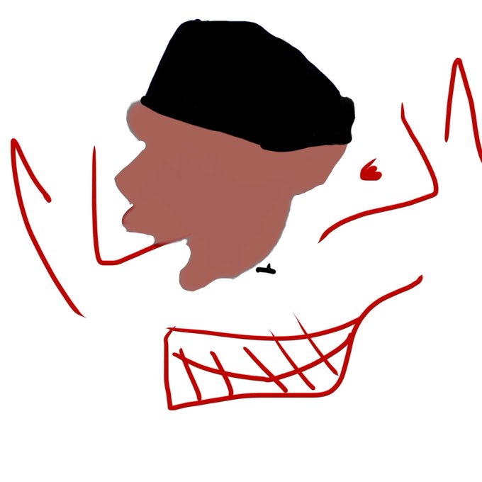 A digital illustration showing a stylized silhouette of a person's profile wearing a black beanie, accompanied by red line-art outlines of a grinning face and hands around them.