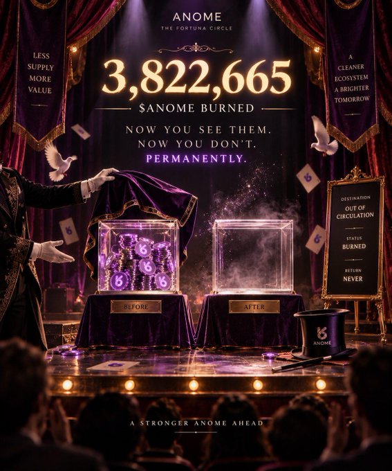 A theatrical advertisement for 'ANOME THE FORTUNA CIRCLE' announces '$ANOME BURNED 3,822,665 NOW YOU SEE THEM. NOW YOU DON'T. PERMANENTLY,' showing a magician revealing an empty box next to a 'BEFORE' display, with text including 'LESS SUPPLY MORE VALUE,' 'A CLEANER ECOSYSTEM A BRIGHTER TOMORROW,' 'DESTINATION: OUT OF CIRCULATION,' 'STATUS: BURNED,' 'RETURN: NEVER,' and 'A STRONGER ANOME AHEAD.'