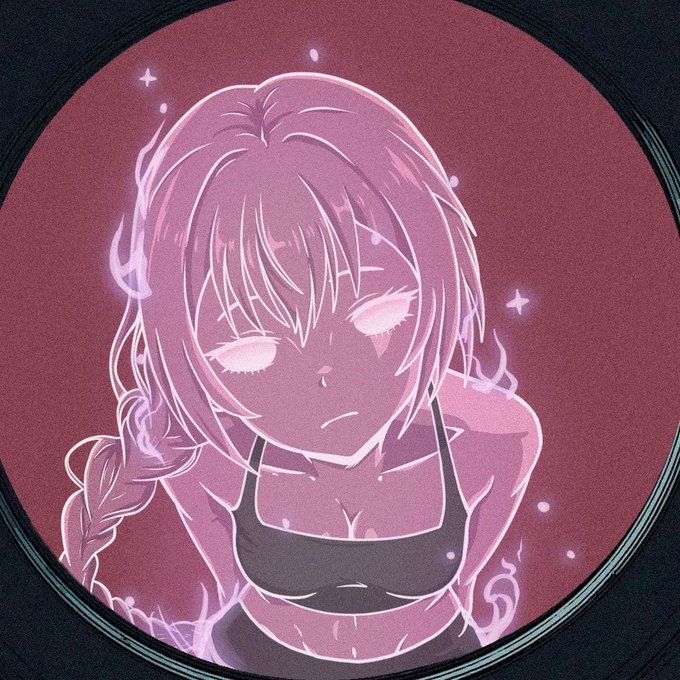 A stylized anime-style illustration of a girl with a braid, glowing eyes, and ethereal pink lighting against a dark circular background.