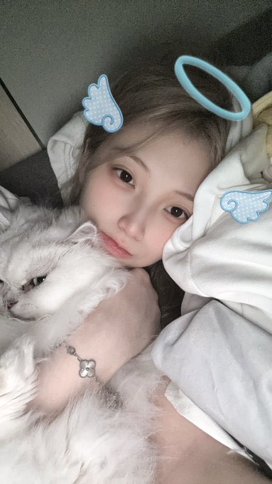 A young woman lies in bed cuddling a fluffy white cat, with a digital angel halo and wings filter applied to her selfie.
