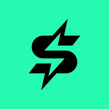A black stylized 'S' logo with lightning bolts on a bright green/mint background.