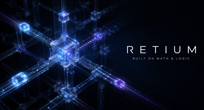 Promotional banner for "RETIUM" with the tagline "BUILT ON MATH & LOGIC" featuring a blue and purple glowing digital cube network design.