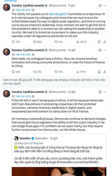 Twitter/X thread from Senator Cynthia Lummis (@SenLummis) about the Clarity Act passing out of Banking Committee with bipartisan support for digital asset regulation, including Vietnamese translation comments.