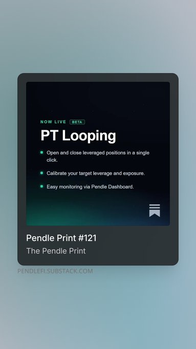 A dark-themed graphic announcing "PT Looping" as "NOW LIVE" in beta, highlighting features like single-click leveraged positions, target leverage calibration, and Pendle Dashboard monitoring. The card is labeled "Pendle Print #121 / The Pendle Print" and ties to the post's news about PT auto-looping launching on the Pendle app.