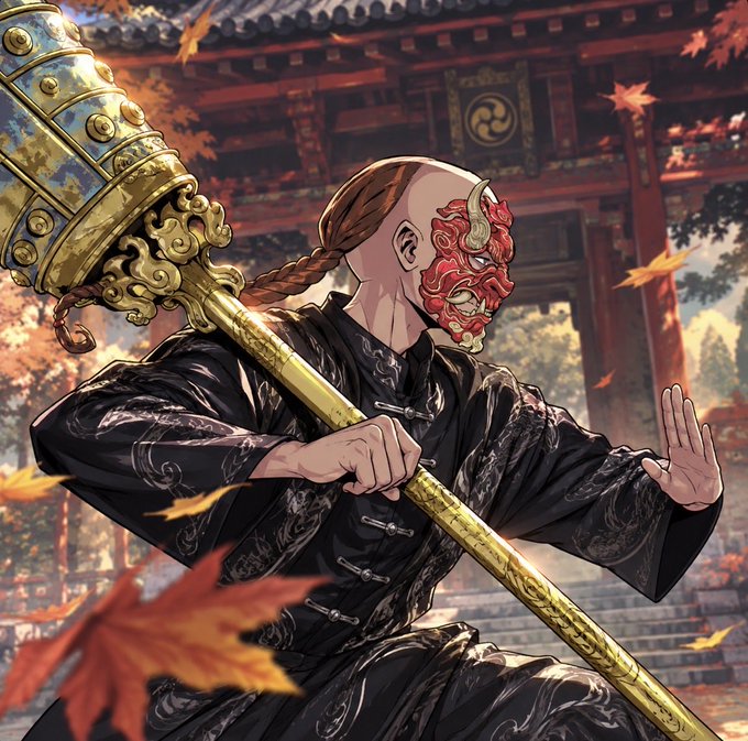 An anime-style illustration of a bald warrior with a braided ponytail and a red oni half-mask, wielding a large ornate golden staff while wearing a black embroidered robe, set against a Japanese temple background with autumn leaves.