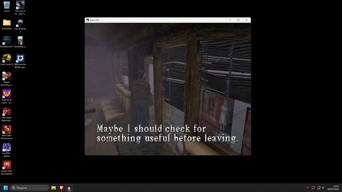 A Windows desktop screenshot showing various game icons on the left side and a game window in the center featuring a character in a wooden cabin with the subtitle text: 'Maybe I should check for something useful before leaving.'