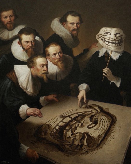 An edited classical painting in the style of Rembrandt depicting several men in ruffled collars examining an anatomy lesson, with one figure replaced by a trollface meme mask.