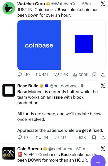 Three tweets showing that Coinbase's "Base" blockchain has been down for over an hour, with Base Build confirming the Mainnet is halted due to a block production issue, supporting the post's claim about L1 networks' superior reliability compared to Layer 2 solutions.
