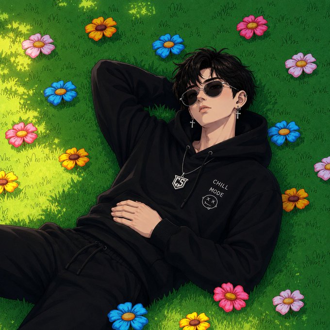 An anime-style illustration of a dark-haired man wearing sunglasses and a black 'CHILL MODE' hoodie, lying in grass surrounded by colorful flowers.