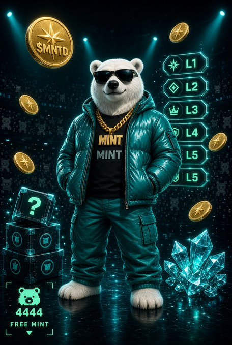An anthropomorphic polar bear wearing sunglasses, a teal puffer jacket, and a gold chain stands in a crypto-themed graphic with coins labeled $MNT, a 'MINT' shirt, a 'FREE MINT' badge numbered 4444, and level indicators L1 through L5 beside glowing crystals.