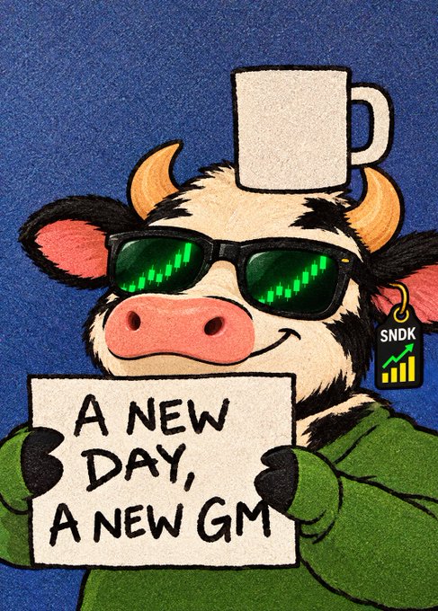 Illustrated cartoon cow wearing sunglasses with a mug on its head holding a sign reading 'A NEW DAY, A NEW GM' with an SNDK tag.