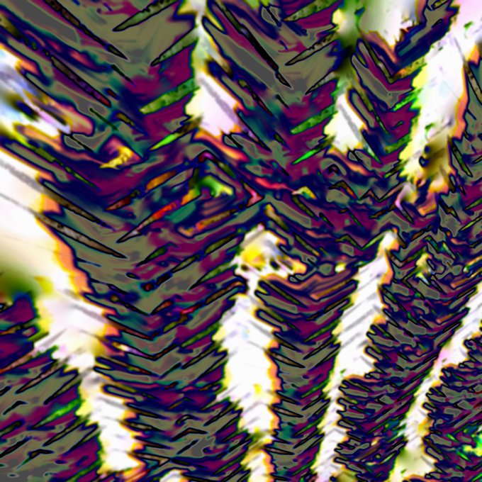 An abstract, psychedelic image displays jagged, chevron-like patterns in vivid shades of green, purple, magenta, and yellow.