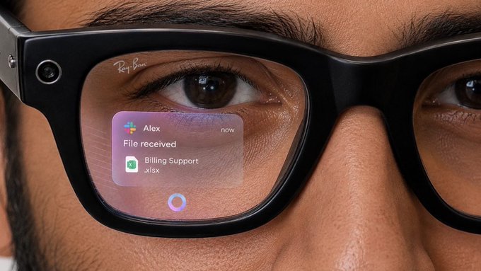 A close-up of a person wearing Ray-Ban Meta smart glasses, with a digital notification overlay reading 'Alex — File received — Billing Support.xlsx.'