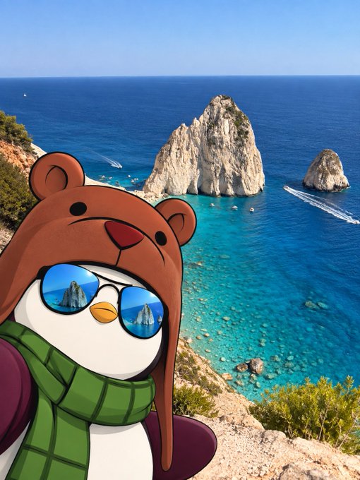 An animated penguin wearing a bear hat, sunglasses, and a green scarf, looking out over a beautiful blue ocean with rocky cliffs.