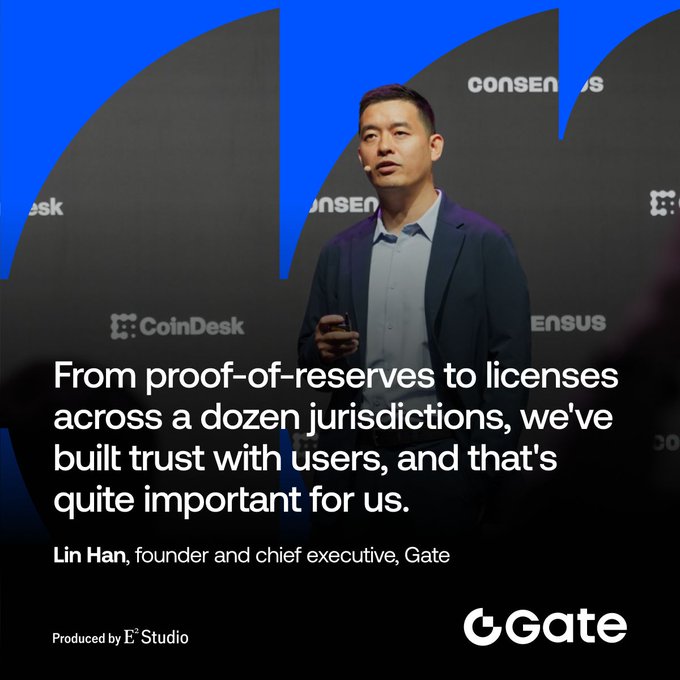 A man in a dark blazer speaks on a CoinDesk Consensus stage, with a quote overlay reading "From proof-of-reserves to licenses across a dozen jurisdictions, we've built trust with users, and that's quite important for us" attributed to Lin Han, founder and CEO of Gate, alongside Gate branding and an "E*Studio" credit. The image supports the post by highlighting Han's commentary on regulatory compliance and user trust as foundational to bridging crypto and traditional finance.