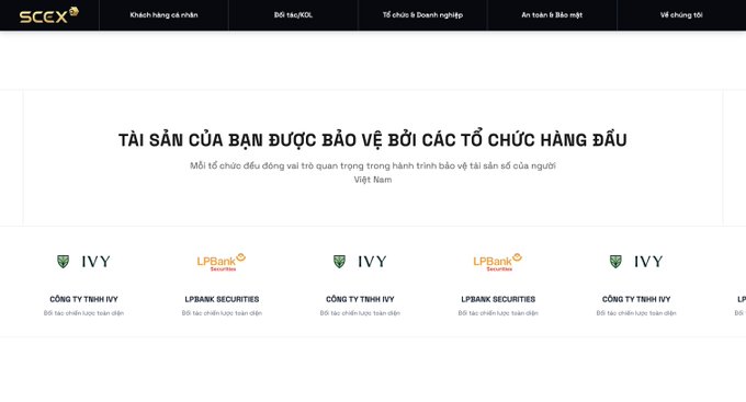 A Vietnamese webpage for SCCEX showing the header 'TÀI SẢN CỦA BẠN ĐƯỢC BẢO VỆ BỞI CÁC TỔ CHỨC HÀNG ĐẦU' (Your assets are protected by leading organizations), featuring logos for IVY and LPBank Securities.