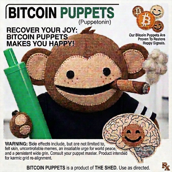 A humorous product-style ad for 'Bitcoin Puppets (Puppetonin)' featuring a smiling monkey puppet with a cigar and brain illustrations, with a warning label about side effects.