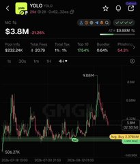 A candlestick chart of YOLO ($3.8M market cap, up 92.85%) is displayed with a bullish flag pattern marked, showing a target price of 9.88M along with key metrics including $232.24K volume, 207% total fees, and a 175.6% top 10 holding concentration.
