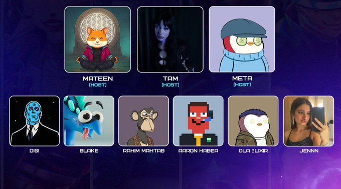 A virtual event panel display shows nine participants including hosts MATEEN, TAM, and META in the top row, with DIGI, BLAKE, RAHIM MAHTAB, AARON KABER, OLA ELMAR, and JENNY in the bottom row, featuring both avatars and real photos.
