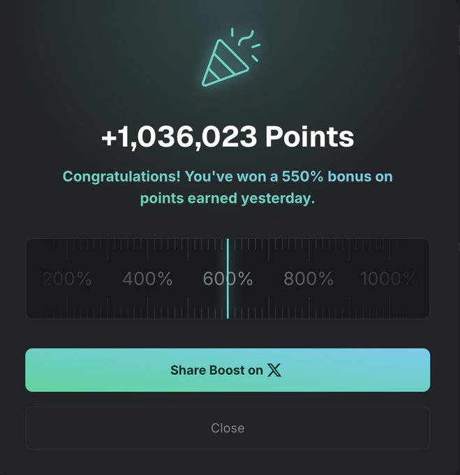 A celebration screen showing "+1,036,023 Points" won from a 550% bonus boost, fitting the post's positive mood about feeling great. The interface includes a percentage meter and a "Share Boost on X" button.