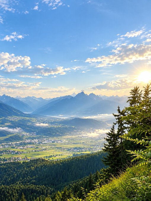 A scenic view of a mountainous valley with a town nestled in the distance, framed by a pine tree on the foreground and a bright sun in the blue, cloudy sky.
