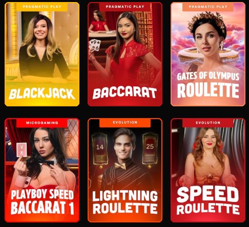 The image features a collection of six different table game posters, each showcasing a female character from various games such as "Blackjack", "Baccarat", "Roulette", "Gates of Olympus", "Raccarat", and "Lightning Roullette". The posters are arranged in two rows with three posters in each row. Each poster has a different color scheme, ranging from red to yellow, black, and pink. The titles of the games displayed on the posters include "Blackjack", "Baccarat", "Roulette", "Gates of Olympus", "Raccarat", and "Lightning Roullette".