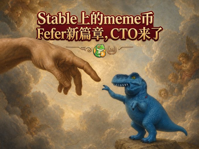 A parody of Michelangelo's 'Creation of Adam' painting, where a blue T-Rex dinosaur reaches toward the outstretched hand, with the text 'Stable上的meme币 Fefer新篇章, CTO来了'.