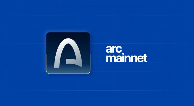 The image shows the Arc Mainnet logo—a stylized white "A" symbol inside a dark rounded square—against a blue grid background, accompanied by the text "arc mainnet" to the right. It serves as a visual identifier for the Arc Mainnet blockchain network mentioned in the post, which provides guidance on bridging, launchpads, and token swapping for the Arc ecosystem.