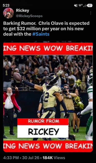 The image shows an X post from Rickey (@RickeyScoops) claiming that Chris Olave is expected to sign a new deal worth $32 million per year with the Saints, featuring a photo of Olave in his #12 Saints uniform with "BREAKING NEWS WOW BREAKING NEWS" banners and a "RUMOR FROM RICKEY" label. The accompanying post mocks the idea that this "DOG" account lacks sources, sarcastically pointing out that Rickey's graphic openly labels itself as a "RUMOR" rather than confirmed news, calling into question the credibility being defended.